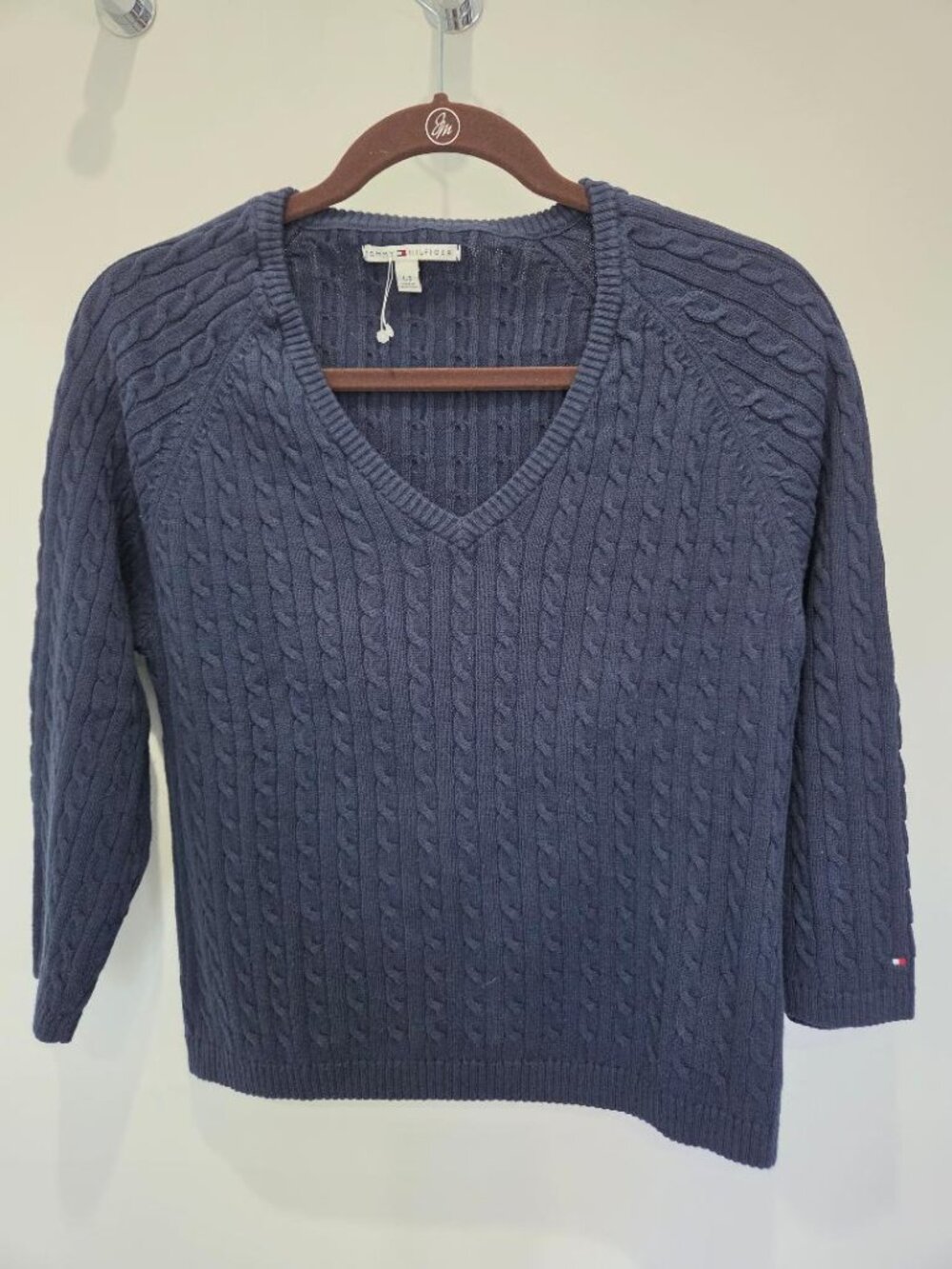 Tommy Hilfiger New Women's Navy Blue Cropped 3/4 Sleeve Cable Knit Sweater M/L